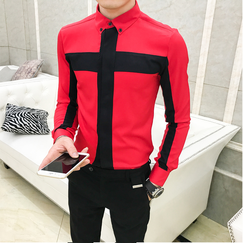 夏款男士韩版长袖修身衬衫青少年休闲上衣型师工作服个性衬衣