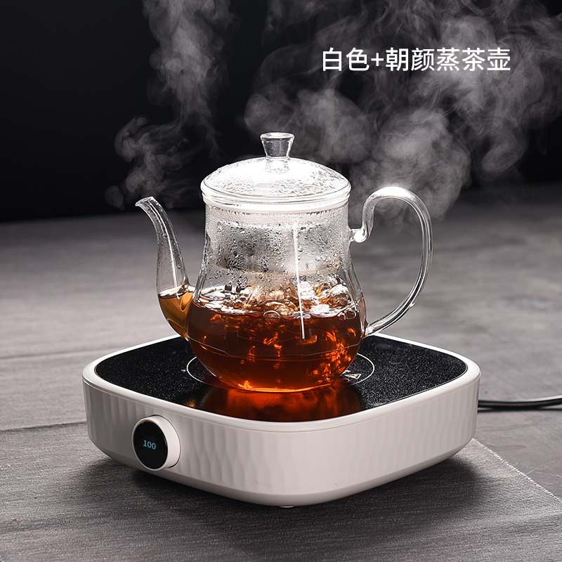 电陶炉煮茶炉黄金蛋家用茶炉茶具玻璃烧水壶蒸茶壶全自动小型煮茶器套装 智电陶炉-白色+朝颜壶