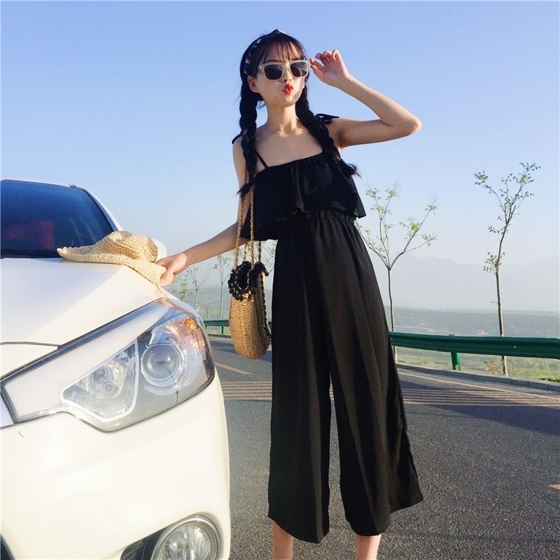 夏季新款吊带连体裤女学生韩版宽松九分阔腿裤套装女背带连衣裤女