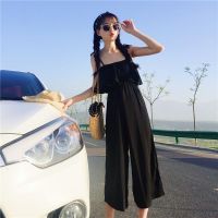 夏季新款吊带连体裤女学生韩版宽松九分阔腿裤套装女背带连衣裤女