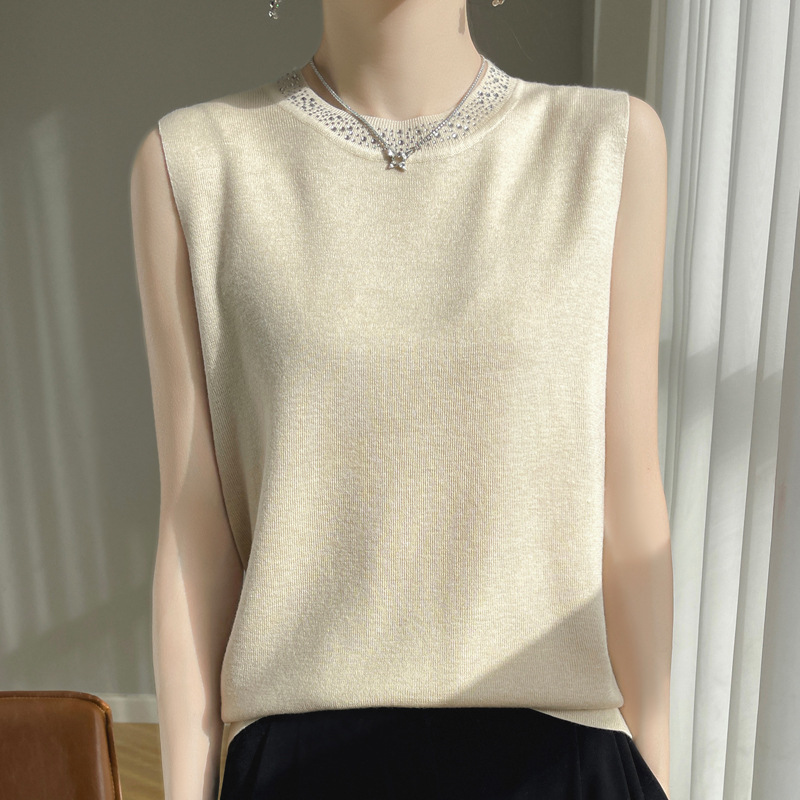 春夏新款无袖上衣吊带圆领镶钻内搭打底针织衫薄款精纺羊毛背心女