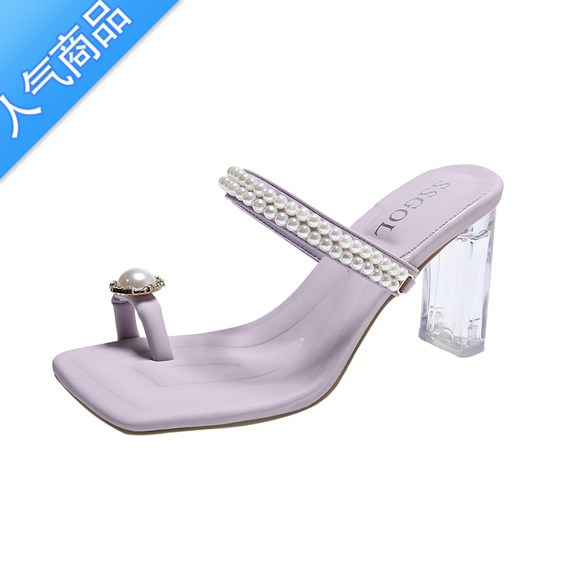 SUNTEK7cm外穿时尚套趾凉拖鞋女2023新款夏粗跟方头高跟鞋踩屎感一字拖