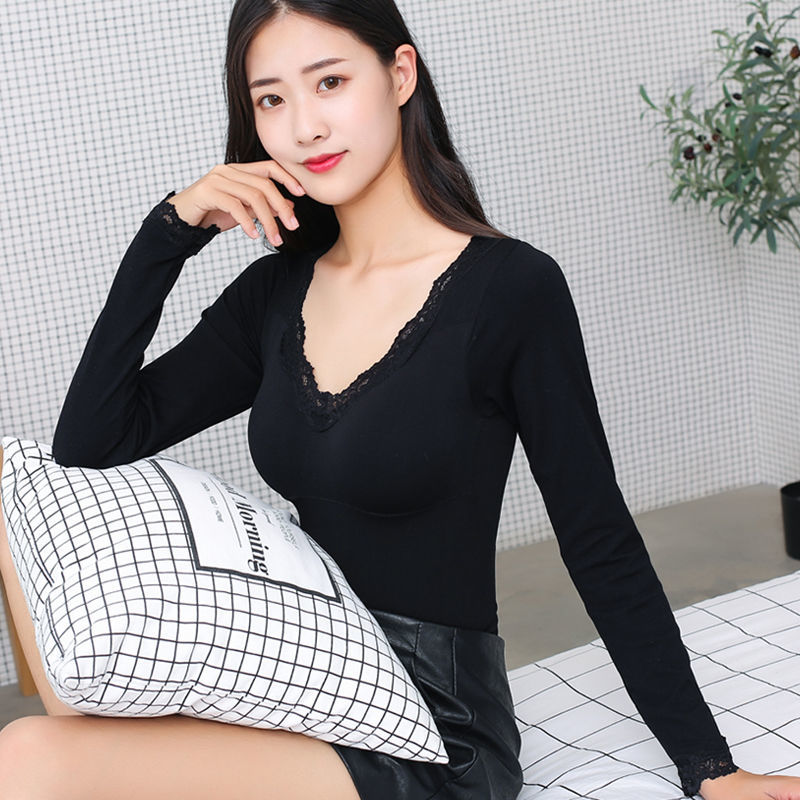 保暖内衣女秋冬打底衫长袖薄款蕾丝性感v领内衣大码秋衣女可外穿