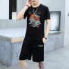梵克公牛短袖套装男夏季网眼休闲男小清新流T恤短裤一套男装小清新牌印花青少年学生网红套装男夏天T恤搭配短裤套装