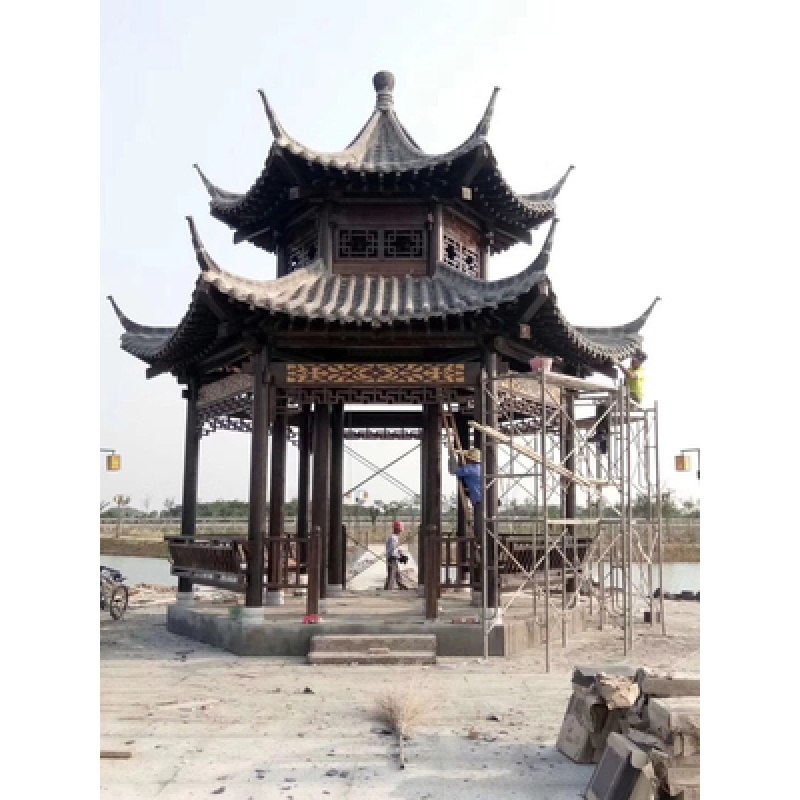 凉亭别墅庭院木屋简约木碳化木闪电客仿古六角亭子户外木亭参数
