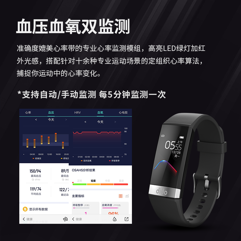 dido血压心率智能手环运动血氧电图监测量仪多功能高精准度心脏健康手表适用小米华为oppo苹果手机 Y3曜石黑升级版