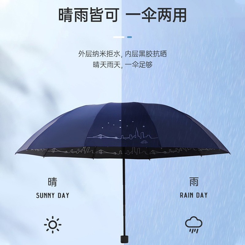 天堂伞 三折晴雨伞61cmX10骨加大加固抗风黑胶防晒男女两用商务伞双人大伞遮阳伞太阳伞 1283
