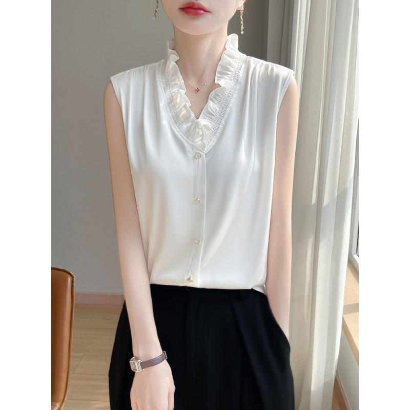 内搭衬衫木耳边领无袖大码女装清新百搭开衫背心2025春夏叠穿衬衣