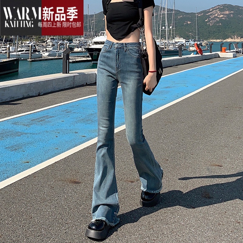 SHANCHAO高腰牛仔喇叭裤女2023年新款设计感小众裤子高街潮ins拖地裤