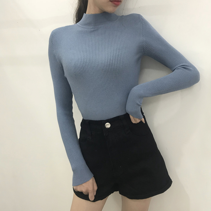 子沫雨2021秋季新款流行女装半高领套头毛衣打底衫女冬韩版百搭修身