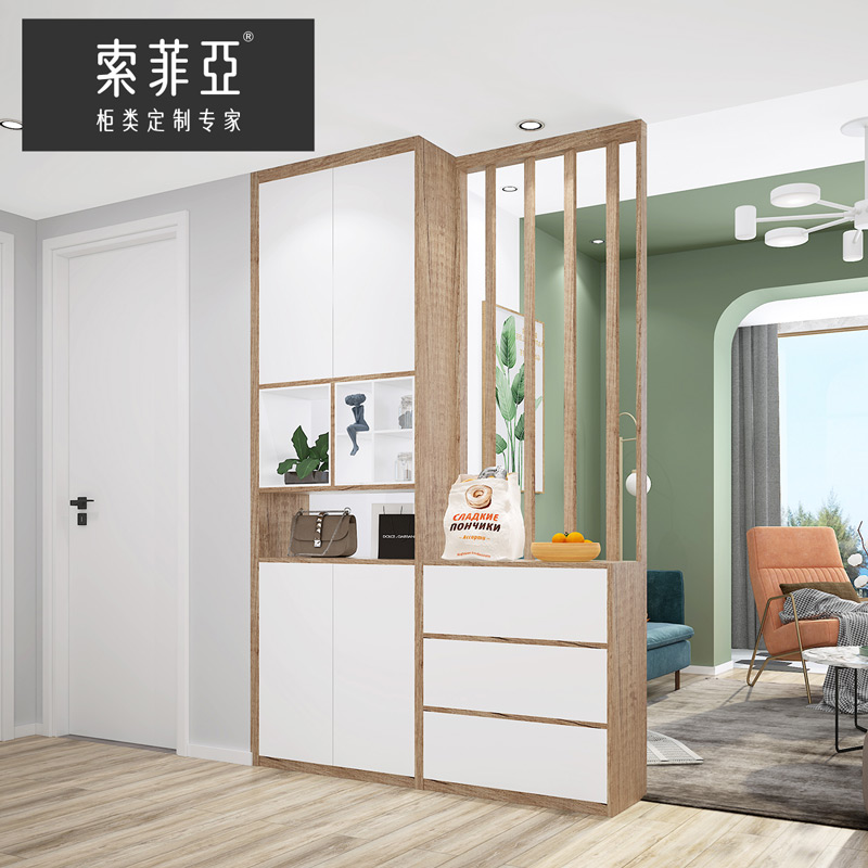 索菲亚全屋定制轻奢时尚玻璃门入户玄关柜鞋柜一体多功能收纳衣橱4㎡