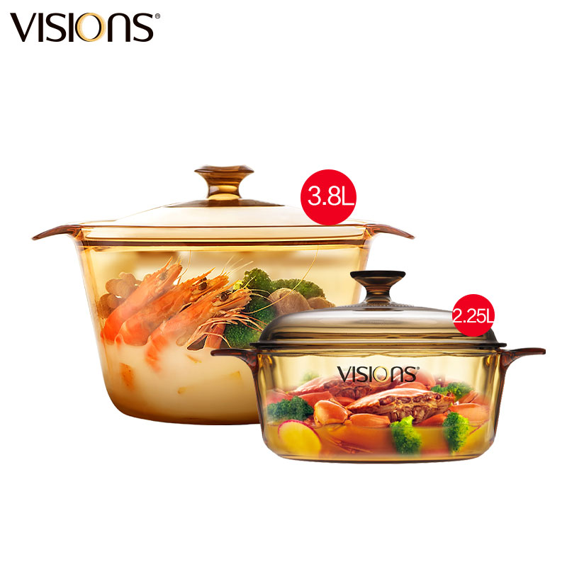 康宁(VISIONS)2.25L晶彩玻璃锅+3.8L养身锅 厨具套装 汤锅 炖锅 透明锅厨具套装透明耐热玻璃锅