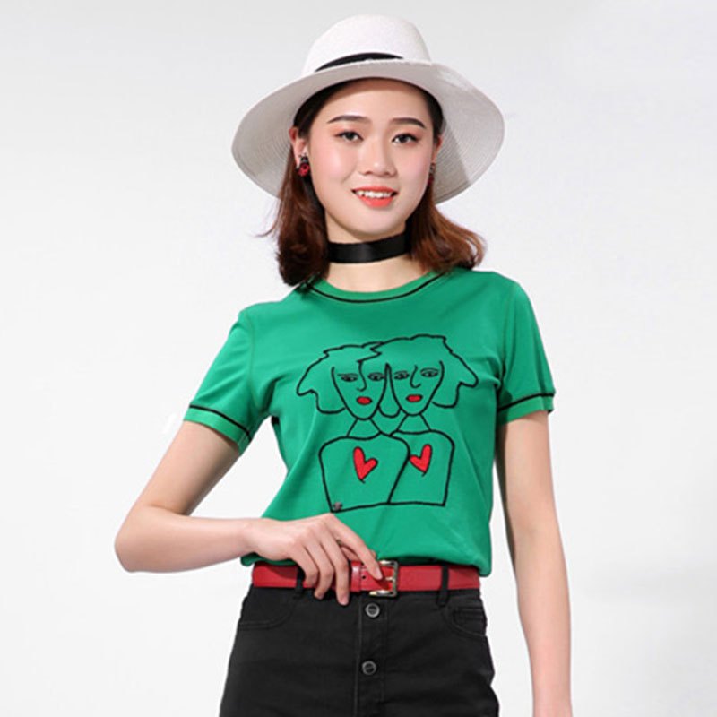 新颖阿玛施正品牌女装t恤女夏季新款修身显瘦圆领修身印花短袖t恤衫