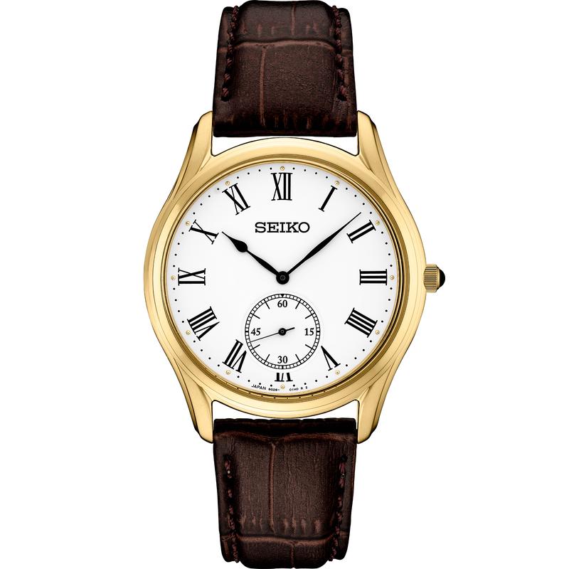 SEIKO/精工 Essentials系列男士手表 压纹皮带金色表圈时尚休闲腕表