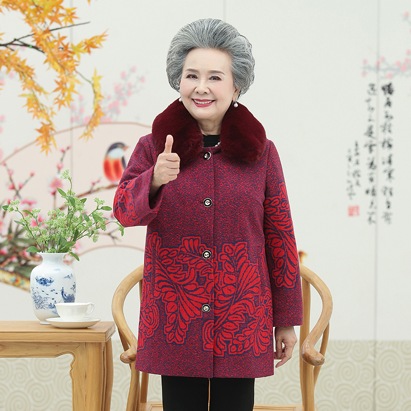 奶奶秋装毛呢子外套妈妈加绒厚衣服老太太冬装中老年人棉袄女婆婆