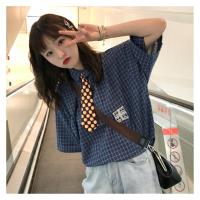 港风衬衫waitmore衬衣少女设计感韩版时尚洋气百搭复古冷淡格子夏