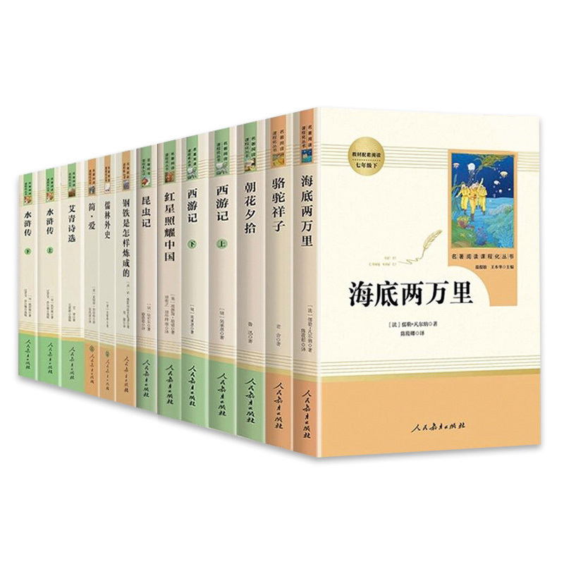 [九年级下册]契科夫短篇小说 [正版]人教版初中名著阅读 儒林外史简爱骆驼祥子海底两万里朝花夕拾西游记艾青诗选水浒传初中