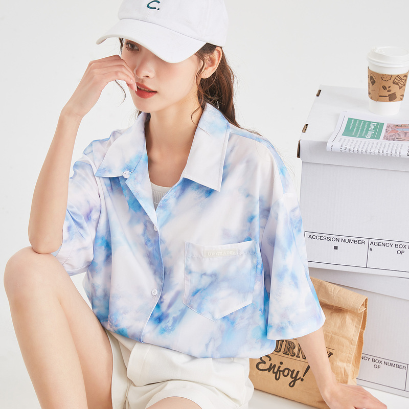 [2.5折价61元]唐狮夏季新款短袖衬衫女宽松显瘦衬衫外套甜酷扎染衬衣女
