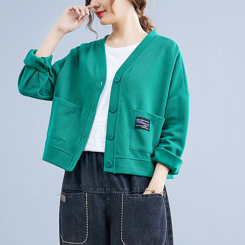 2021新款秋季上衣女韩版宽松大码时尚v领百搭减龄开衫卫衣短外套