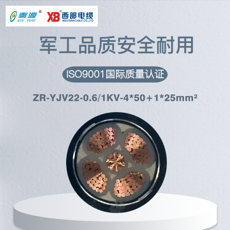 秦源牌ZR-YJV22-0.6/1KV-4*50+1*25mm² 阻燃铜芯低压钢带铠装电力电缆 元/米 定制商品联系客服 黑色 ZR-YJV22-0.6/1KV-4*50+1*25mm²