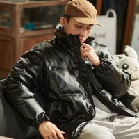[2.5折价232元]唐狮冬季新款羽绒服男立领PU仿皮短款羽绒服保暖加厚男士羽绒