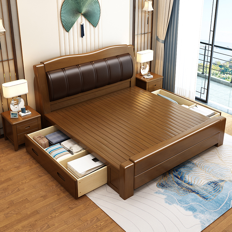 宜木雅居床现代简约18米2米中式实木床卧室双人床180cm200cm床头板