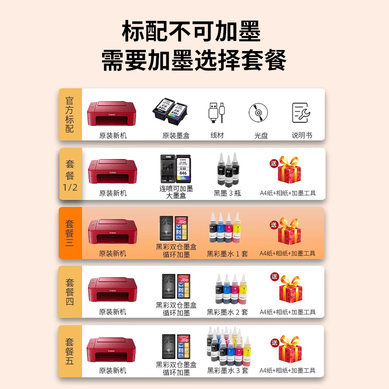 佳能TS3380彩色喷墨打印机无线家用小型复印扫描一体式家庭作业学生用可连接手机a4办公蓝牙照片ts3480迷你
