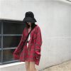 格子长袖衬衫女中长款2018宽松韩范学生bf港风复古衬衣