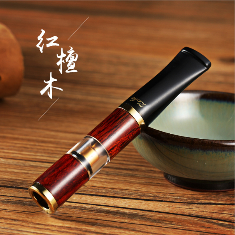 zobo正牌男士过滤循环型烟嘴可清洗型微孔香菸过滤器檀木粗细两用一体烟具带便携盒 红檀木