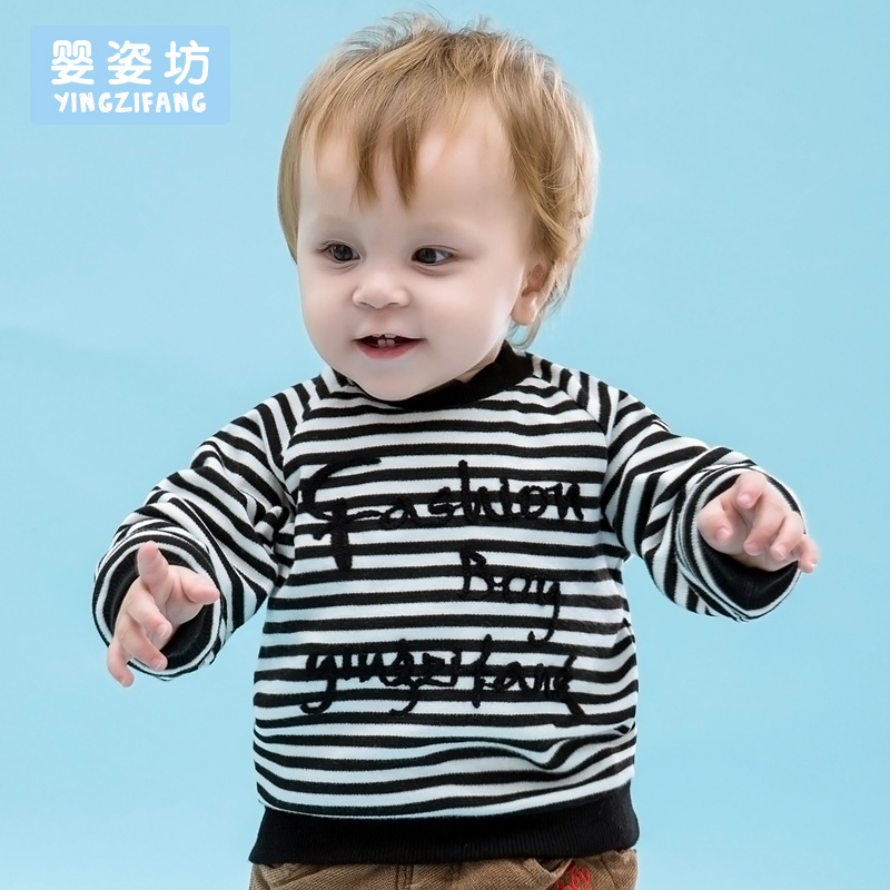 婴姿坊男童圆领打底衫韩版冬季中小童加绒条纹长袖T恤儿童潮衣
