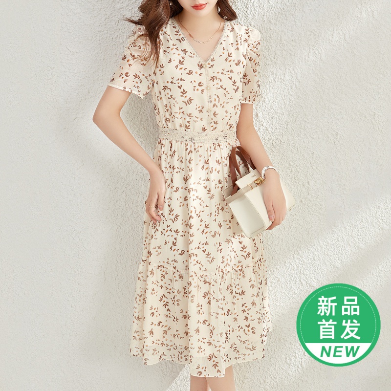 OUNIXUE欧昵雪 | [气质雪纺碎花裙]夏季温柔花边拼接V领泡泡袖修身连衣裙女