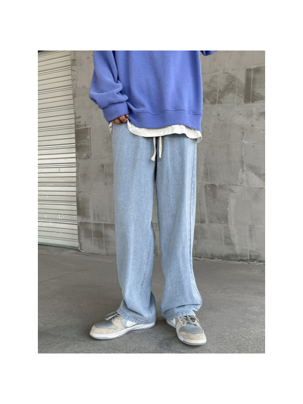 青年男式牛仔裤系带松紧腰设计宽松港风时尚潮牌直筒休闲裤早春款