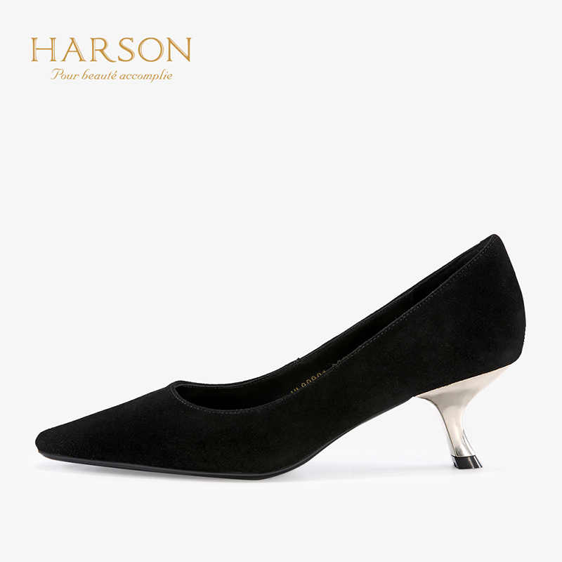 HARSON/哈森 尖头反绒皮纯色女鞋低跟浅口单鞋HL90901