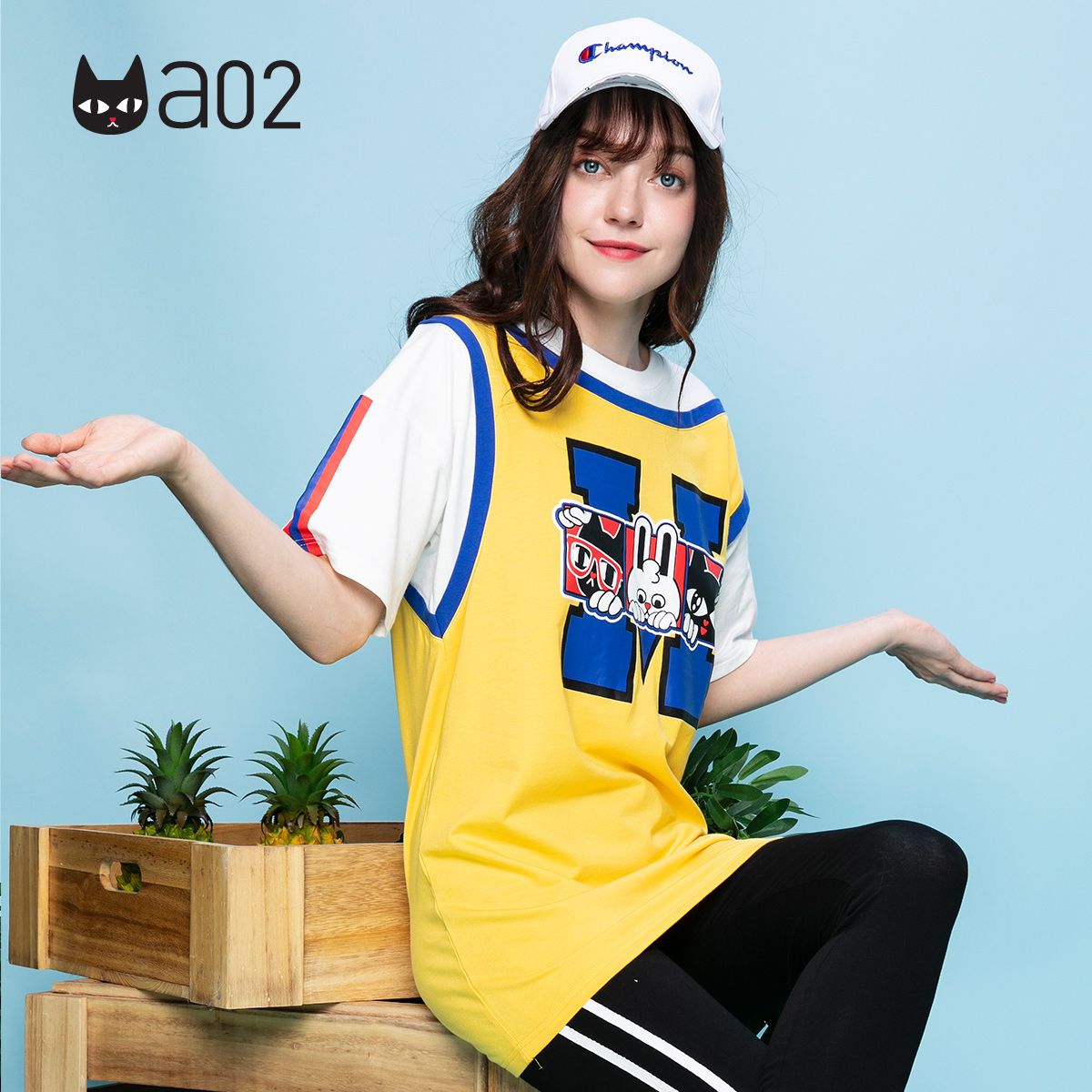 a02新款潮流街头风撞色假两件卡通印花裙子T恤裙女DTU2D0631DR
