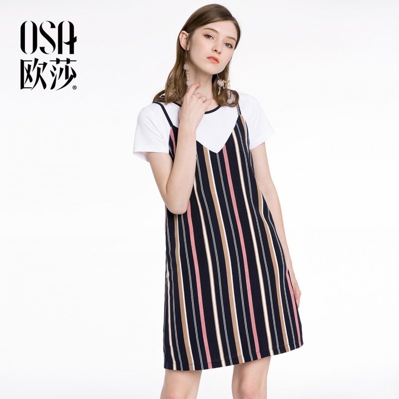 OSA欧莎港味复古条纹吊带两件套显瘦连衣裙2018夏新款女chic裙子
