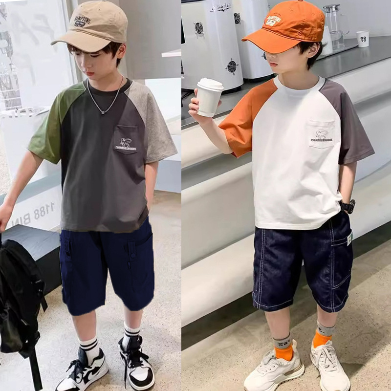 男童夏季T恤牛仔套装夏装新款儿童中大童卡通恐龙两件套帅气