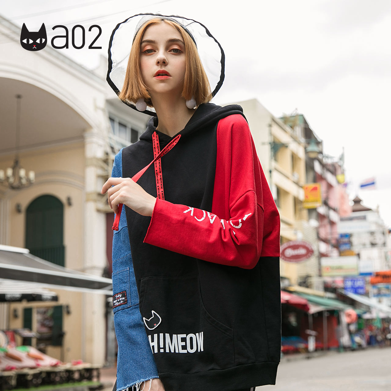 a02新款潮流时尚撞色牛仔拼接长袖韩版宽松卫衣女DTT5A0801KT