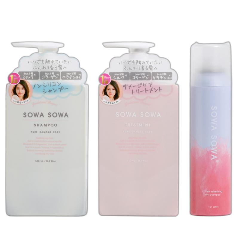 SOWASOWA三蛋丸滋养润泽洗护套装(樱花限定款)滋养顺滑洗发水500ml+护发素500ml+净发干洗喷雾200ml