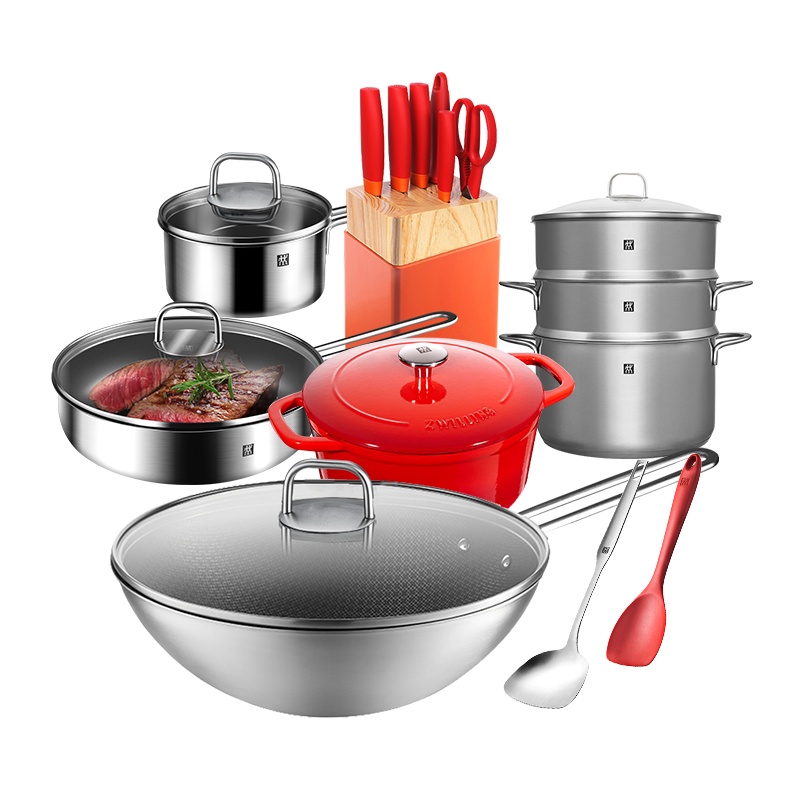 双立人Nova Plus 16件套 锅具套装不锈钢炒菜锅汤锅炖锅压力锅奶锅蒸锅珐琅铸铁锅切菜刀蔬果刀厨具组合电磁炉通用