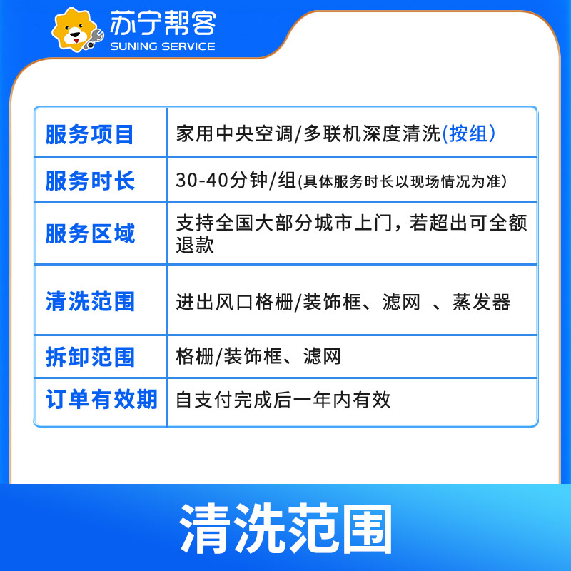 中央空调清洗服务 多联机清洗（4组风口） 苏宁帮客上门清洗高清大图