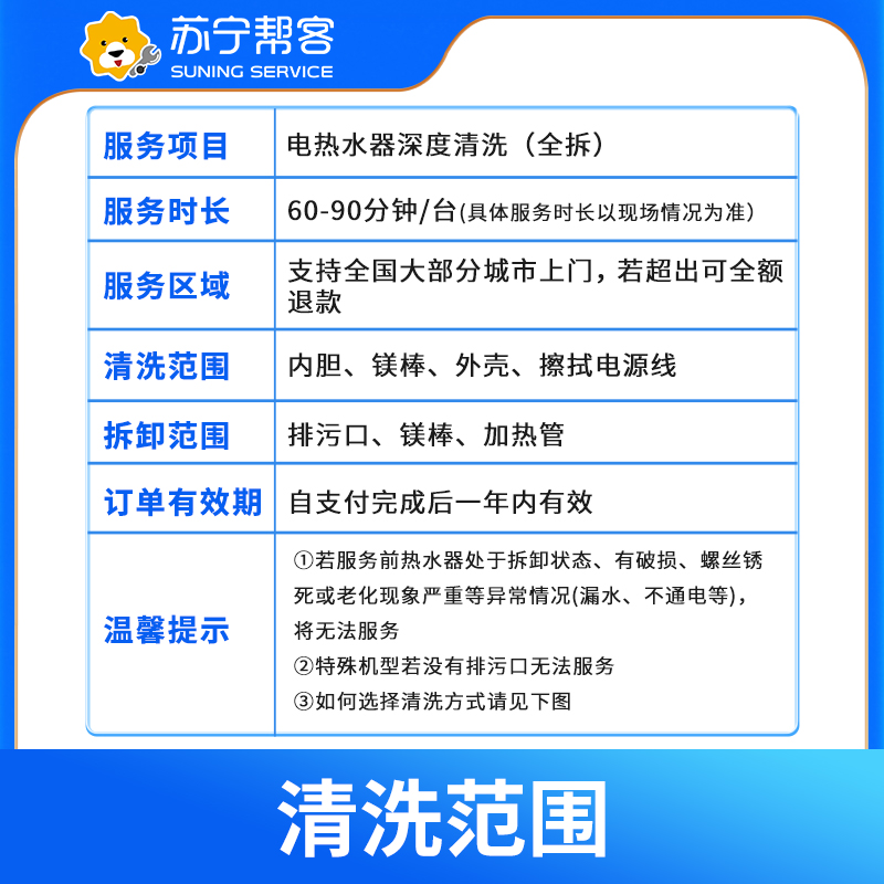 电热水器全拆卸清洗服务 电热水器内胆 加热管清洗 苏宁帮客上门清洗服务高清大图