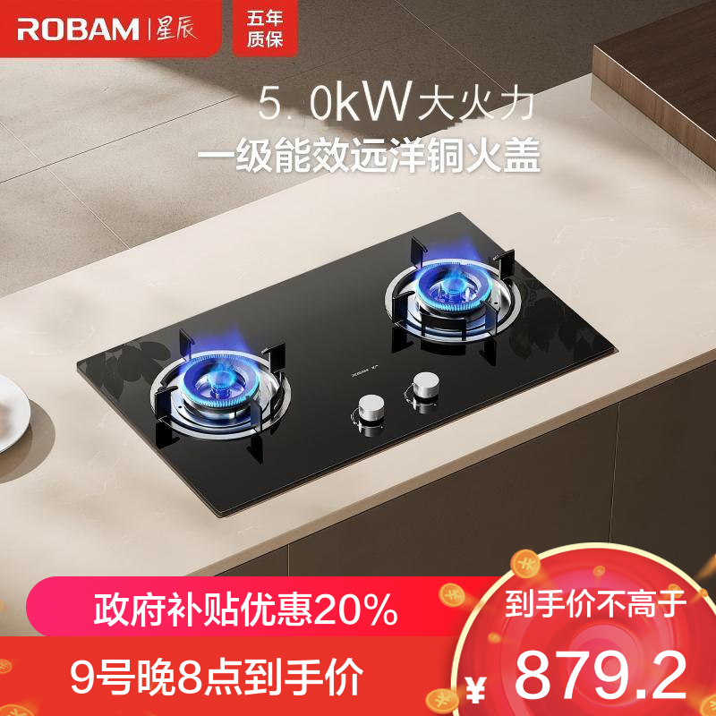 老板(Robam)[星辰系列]家用燃气灶双灶嵌入式煤气灶台嵌两用 可调节换装不改孔灶具猛火灶20B2A 5.0kW液化气