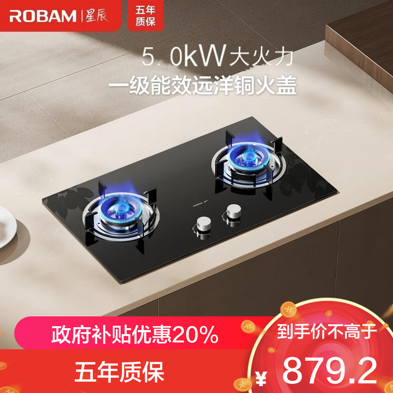 老板(Robam)[星辰系列]家用燃气灶双灶嵌入式煤气灶台嵌两用 可调节换装不改孔灶具猛火灶20B2A 5.0kW液化气
