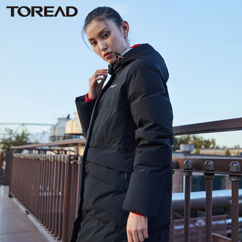 探路者户外羽绒衣女士中长款过膝加厚羽绒服防风蓄热保暖连帽时尚冬季