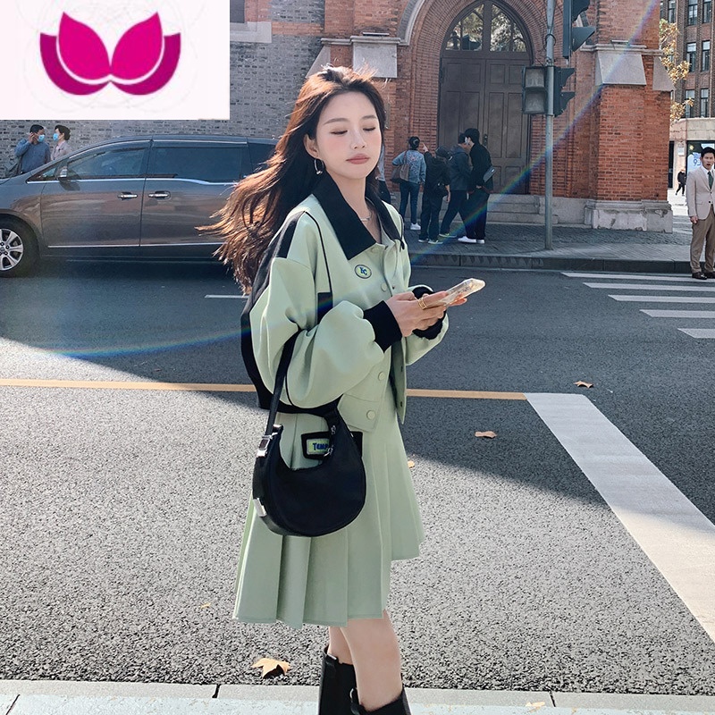 七斓绿色时尚套装裙女2023新款小个子学院风棒球服百褶短裙套 XL 图片色新款面料升级版