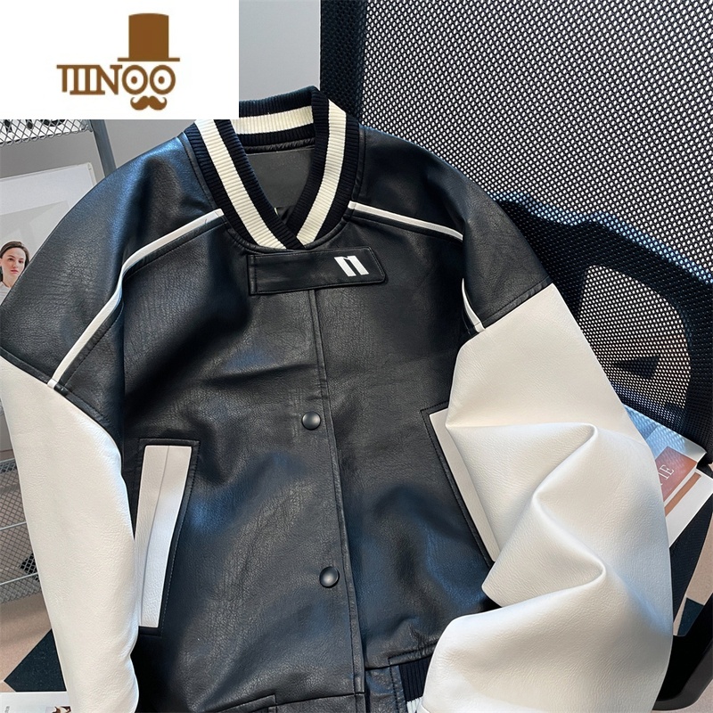 YANXU欧美高街潮牌痞帅pu皮衣撞色外套男女港风美式短款工装棒球服夹克高清大图