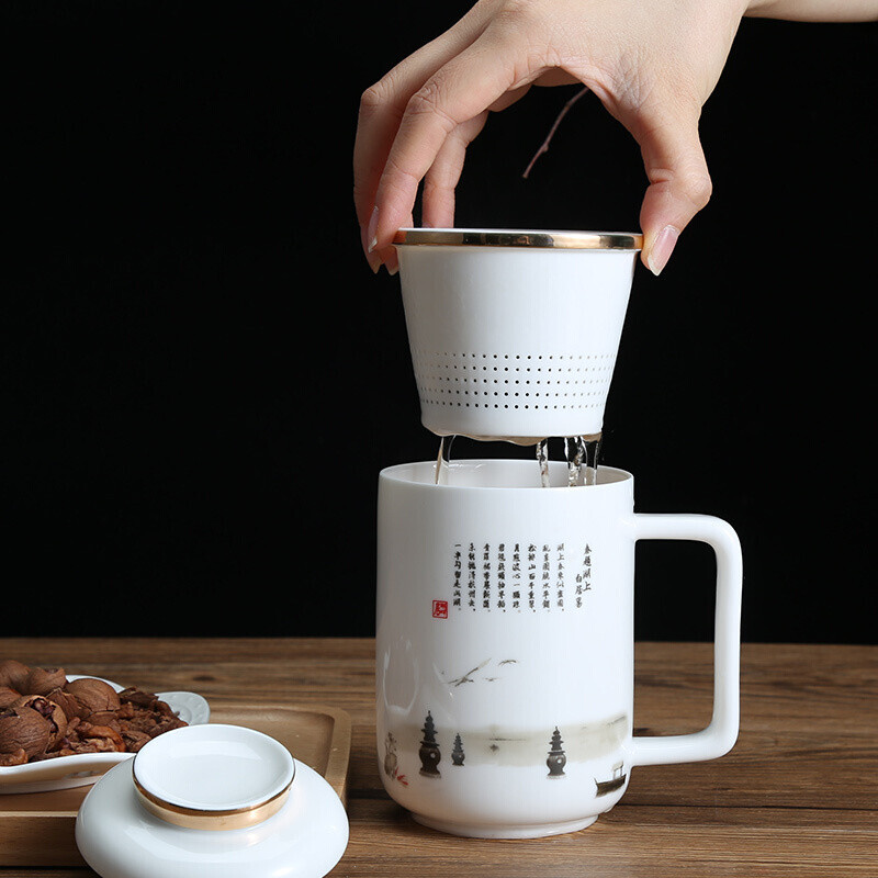 湖畔居 陶瓷茶杯茶叶罐礼盒套装 陶瓷杯茶水分离杯泡茶器精美礼盒旅行茶具商务礼品映月观荷HCJ22111高清大图