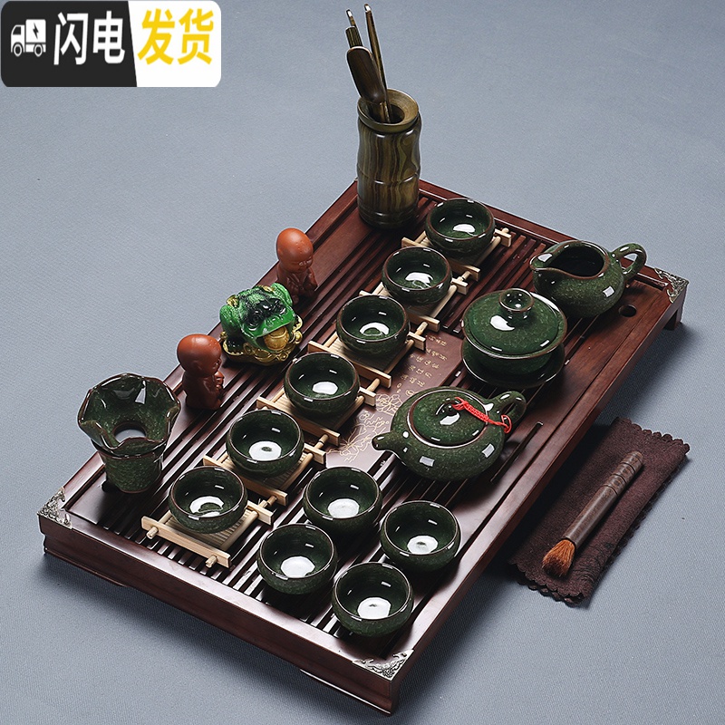 三维工匠 紫砂整套功夫茶具套装家用实木茶盘抽屉式茶杯茶道茶台 玲珑茶具+荷香幽梦[橡木色] 27件高清大图