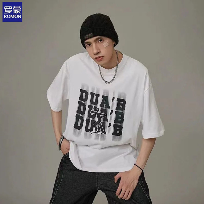 罗蒙纯棉短袖t恤男高街帅气印花短袖夏季宽松运动墨绿色t恤ins潮