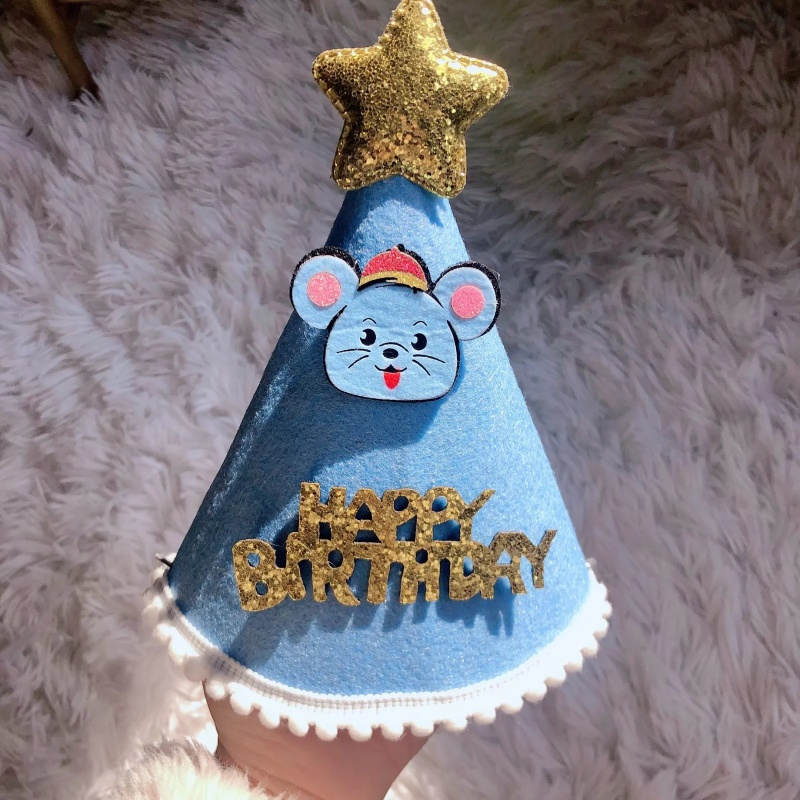 不织布生日帽ins烘焙拍照帽子成人宝宝周岁布置装饰帽天蓝色浅蓝鼠
